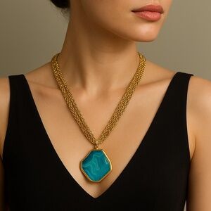 Gold Chain Necklace with Blue Agate Pendant